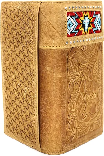 Miniatura 2 de West Star Texas Cartera de chequera plegable con pelo de vaca o cartera de tela bordada, 0205 Bordado Marrón