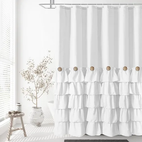 Miniatura 8 de Cortina de ducha Seasonwood de tela blanca con volantes, cortina de ducha estilo granja, cortinas de ducha de 72 x 84 pulgadas con botones y Blanco