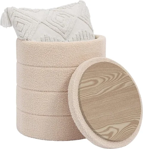 Miniatura 8 de Otomana redonda Boucle de almacenamiento, taburete otomano de tela de peluche Sherpa con tapa de bandeja reversible, reposapiés plegable