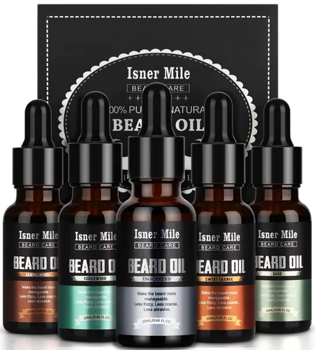 Miniatura 9 de ISNER MILE Kit de 5 Aceites para Barba: Sándalo Naranja Cedro Salvia Sin Fragancia para Cuidado y Acondicionador de Barba, Rellenos de Calcetín
