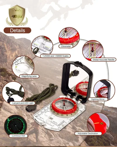 Miniatura 2 de Brújula de campo con espejo para mapas BIJIA - Brújula con espejo de declinación ajustable, clinómetro y luz LED para senderismo, camping