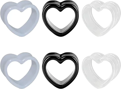 VERAMI Juego de 6 tapones acrílicos en forma de corazón, color blanco y negro, expansor de dilatador de oreja, joyería para mujeres y hombres