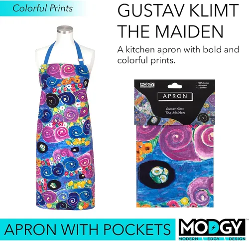 Miniatura 2 de MODGY Delantales con bolsillos, delantal ajustable de algodón para cocina, cocina, hornear, longitud completa, Klimt Young Maidens