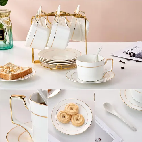 Miniatura 4 de Juego de tazas de té y platillos de porcelana, tazas de té de 6 onzas con borde dorado, tazas de café blancas y tazas con soporte para capuchino