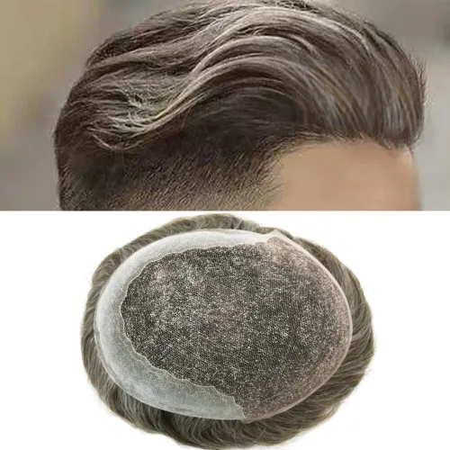 Miniatura 16 de Toupee para hombres pieza de pelo suave suizo encaje real sistema de cabello humano reemplazo blanqueado nudo mens tupé sistema de pelo para hombres