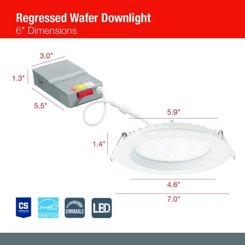 Miniatura 5 de Juno Luces empotrables LED de 6 pulgadas, luz descendente de oblea redonda 5 en 1, temperatura de color blanco conmutable, 120 voltios, borde
