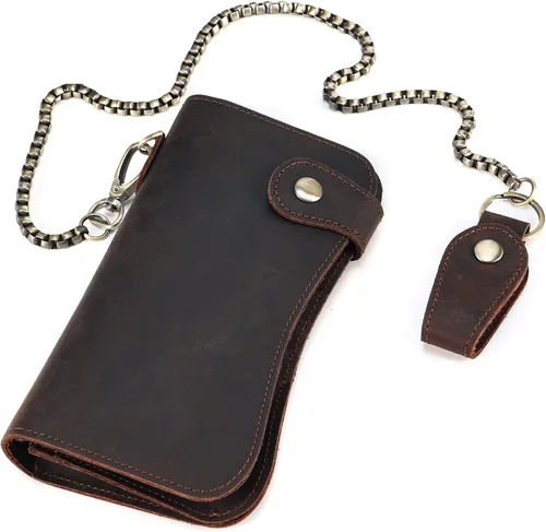 JOYIR Billetera larga de cuero genuino vintage para hombre con cadena, carteras de bloqueo RFID para chequera, tarjetas de crédito, Café, Vintage