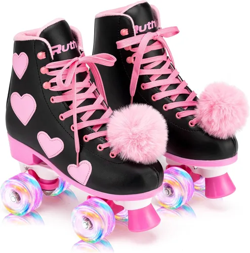 Miniatura 2 de Ruthfot Patines clásicos para mujeres y niñas con ruedas iluminadas y patrón de corazón de amor, patines de cuero PU de caña alta.. Negro