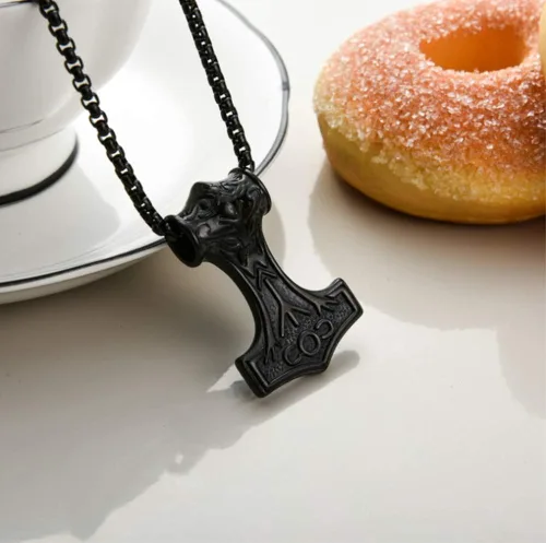 Miniatura 4 de Collar con colgante de martillo Thors Mjolnir de acero inoxidable con nudo celta negro con cadena de 220 in