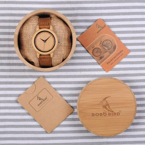 Miniatura 11 de BOBO BIRD Reloj de madera de bambú para hombre y mujer con correa de cuero de vaca marrón, relojes casuales de cuarzo analógico