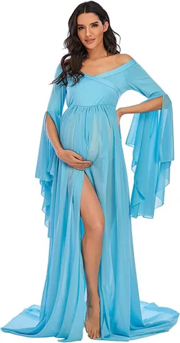 ZIUMUDY Vestido largo de gasa de maternidad con hombros descubiertos para sesión de fotos, mangas acampanadas, vestido dividido para fotografía,