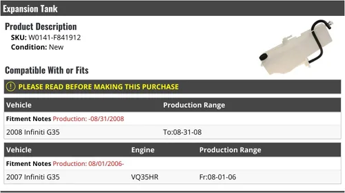 Marketplace Auto Parts Tanque de expansión de desbordamiento de refrigerante del radiador, compatible con Infiniti G35 VQ35HR 2007-2008 (del