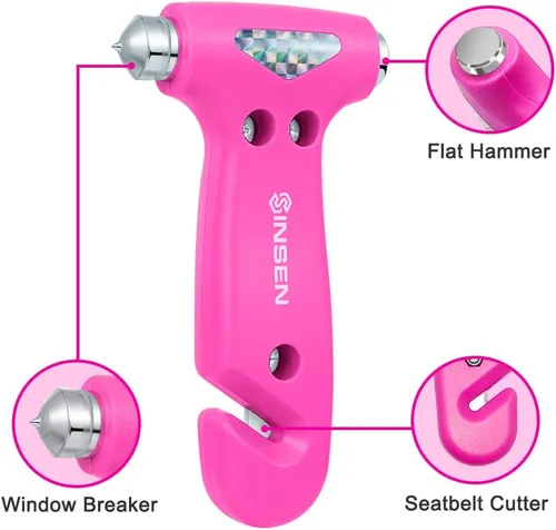 Miniatura 4 de SINSEN Martillo de seguridad para automóvil, rompe ventanas y cortador de cinturón de seguridad para mujeres, kit de emergencia en carretera, rosado