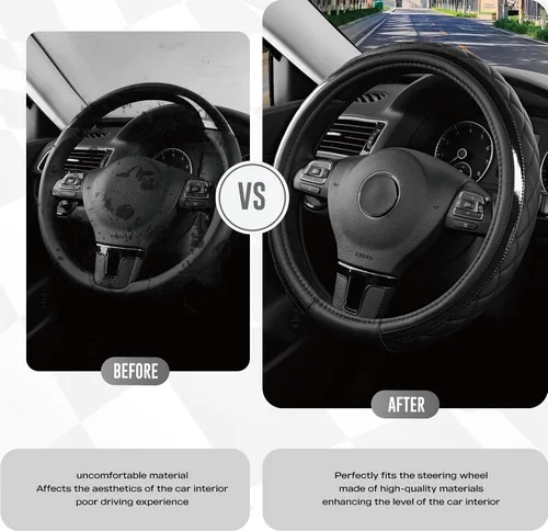 Miniatura 3 de Road Comforts Funda de Cuero para Volante – Negro y Negro, Ajuste Universal 14.5-15 Pulgadas, Cuero de Microfibra, Diseño Antideslizante