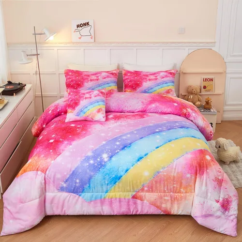 Miniatura 11 de ANGIYUIN Juego de Edredón Tie Dye Arcoíris Azul Tamaño Queen 6 Piezas Degradado con Purpurina Cama en una Bolsa para Niñas Juego de Ropa de Cama Tie