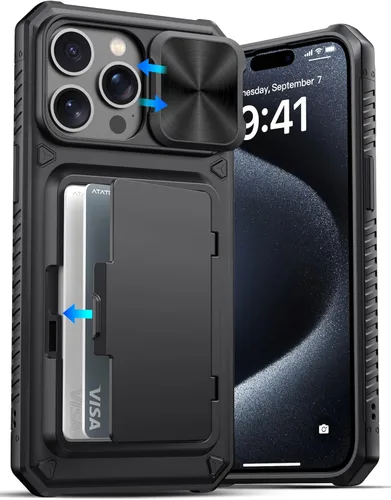ATATOO Funda tipo cartera para iPhone 15 Pro Max, tarjetero integrado (3-5 tarjetas) y funda para cámara deslizante, protección de grado militar,