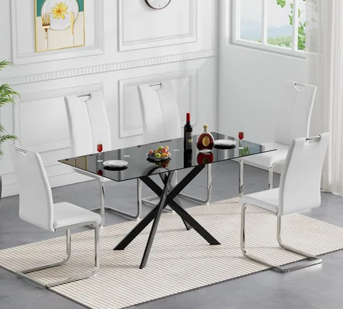 Miniatura 9 de Juego de mesa de comedor redonda de 3 piezas para 2, mesa de cocina moderna de vidrio plateado y sillas para 2 con sillas tapizadas, juego de mesa
