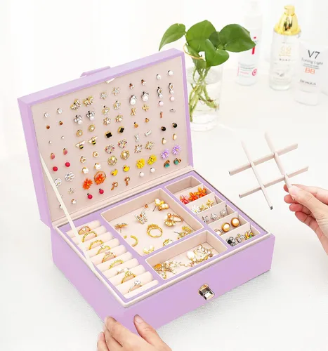 Miniatura 4 de QBestry Organizador de aretes de tuerca para niñas, caja de joyería morada para aretes, collar, organizador de joyas, caja de aretes para mujer