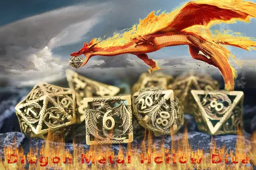 Miniatura 3 de Juego de dados de metal DND Dungeons and Dragon, juego de dados huecos poliédricos de dragón mágico de 7 piezas con caja de metal de regalo