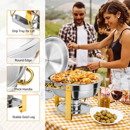 Miniatura 8 de ROVSUN Platos dorados para bufé, juego de 2 platos redondos de acero inoxidable de 6 cuartos de galón con soporte para tapa, juego de calentador