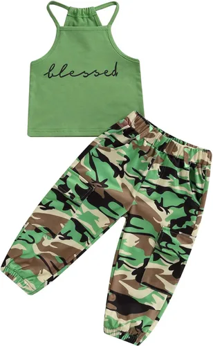 Miniatura 68 de Mandizy Conjunto de ropa de otoño para bebé niña pequeña, sudadera de manga larga con estampado de letras bendecidas, pantalones de camuflaje