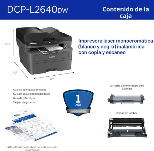 Miniatura 7 de Brother DCP-L2640DW Impresora láser monocromática compacta inalámbrica multifunción con copia y escaneo, dúplex, móvil, blanco y negro Incluye