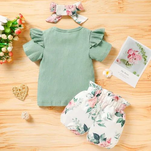 Miniatura 2 de Trajes florales para niñas y niñas, promovido a hermana mayor, camisa de manga corta + pantalones cortos con lazo floral + diadema, 3 piezas de ropa