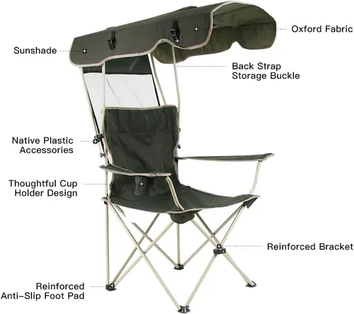 Miniatura 4 de Silla plegable portátil, toldo para camping, césped, playa, almohadilla reforzada, verde oscuro y caqui (caqui)