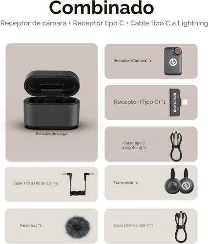 Miniatura 9 de Micrófono inalámbrico Hollyland Lark M2S Combo (RX de cámara + RX USB-C + cable Lightning) para iPhone/cámara/Android/PC, clip de titanio