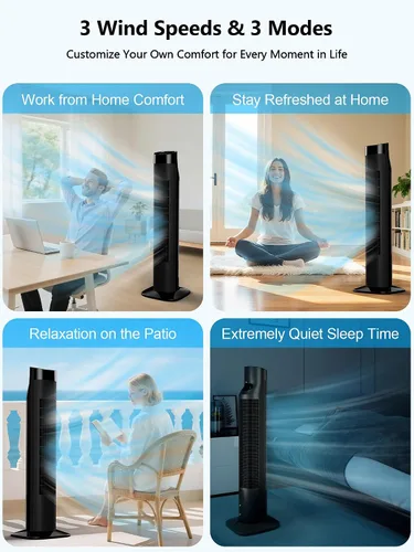 Miniatura 6 de Uthfy Ventilador de torre para dormitorio, ventilador oscilante de 120° con modo de sueño silencioso, 3 velocidades y 3 modos, temporizador 7.5H