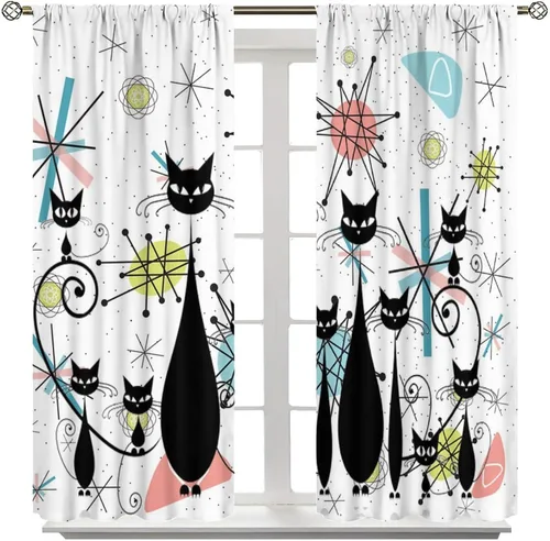 Miniatura 8 de Cortinas de estilo de mediados de siglo, diseño geométrico abstracto moderno, diseño retro, estampado de gato negro, para dormitorio, sala de estar