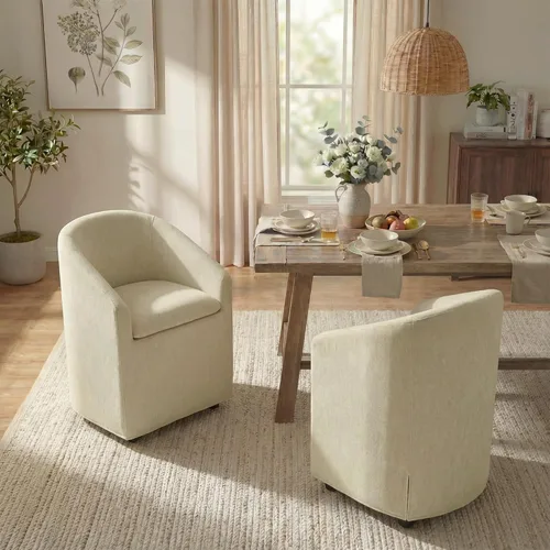 Miniatura 13 de KISLOT Sillas de comedor tapizadas con ruedas, funda lavable, sillas de comedor modernas con respaldo de barril y reposabrazos dobles para cocina