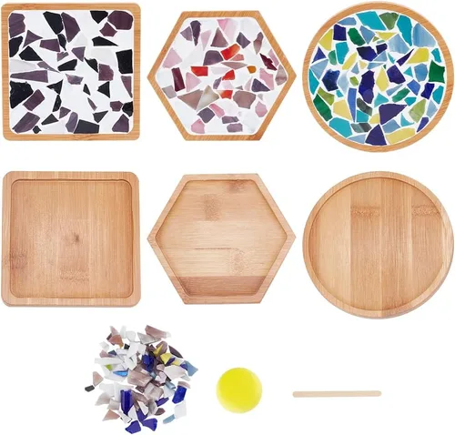Miniatura 11 de WEBEEDY Juego de 3 posavasos de mosaico para manualidades, kits de mosaico de colores mixtos de vidrio con posavasos de bambú para adultos