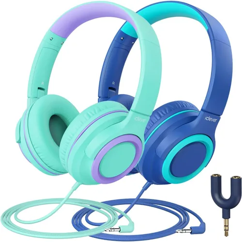 iClever Paquete de 2 auriculares para niños con divisor para compartir – Volumen seguro de 85 dBA limitado – Auriculares con cable HS22 para niños y