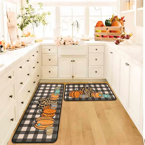 Miniatura 7 de Juego de 2 alfombras y tapetes de cocina de otoño, alfombras de cocina de Acción de Gracias, con respaldo antideslizante, decoraciones de otoño