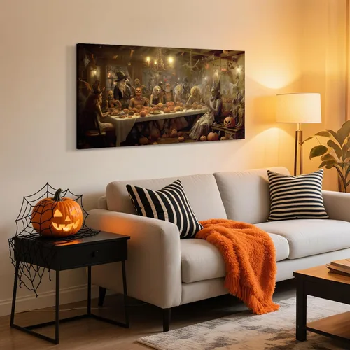 Miniatura 3 de YONICA Lienzo gótico enmarcado de Halloween para sala de estar, decoración del hogar, Halloween, fantasma, bruja y calabaza, sobre lienzo, YKWSJ603