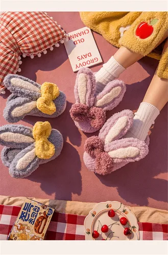 Miniatura 3 de Pantuflas de algodón de conejo de orejas largas para mujer, pantuflas de invierno para el hogar, pantuflas cálidas de felpa para el hogar, bonitas