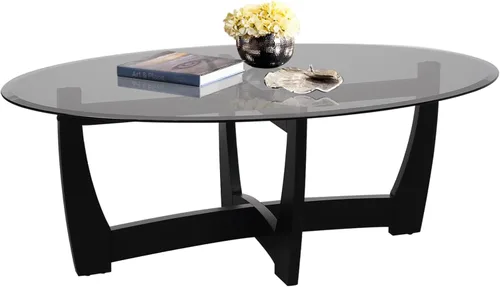 Miniatura 16 de LKTART Mesa auxiliar de vidrio, mesas auxiliares redondas de 23.5 pulgadas con superficie de vidrio templado cruzado y base de madera maciza, mesita
