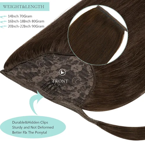 Miniatura 6 de Extensión de cola de caballo de cabello humano marrón oscuro, extensiones de cola de caballo larga sedosa recta #2A color marrón claro, 22 pulgadas