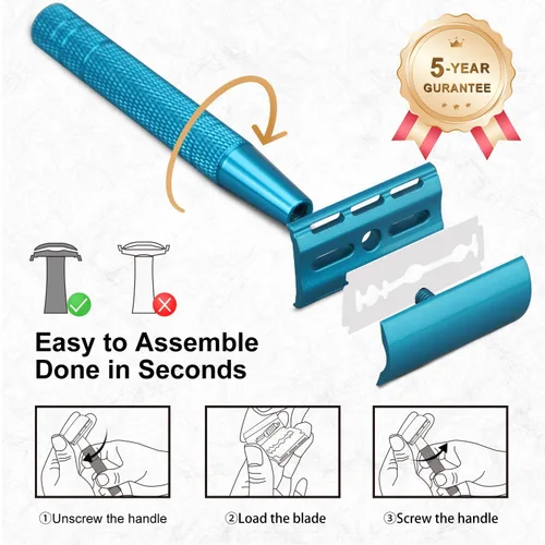 Miniatura 5 de Maquinilla de afeitar de seguridad azul, navajas de una sola hoja para hombres Reusable Metal Razor, with 10 Platinum Coated Double Edge Blades