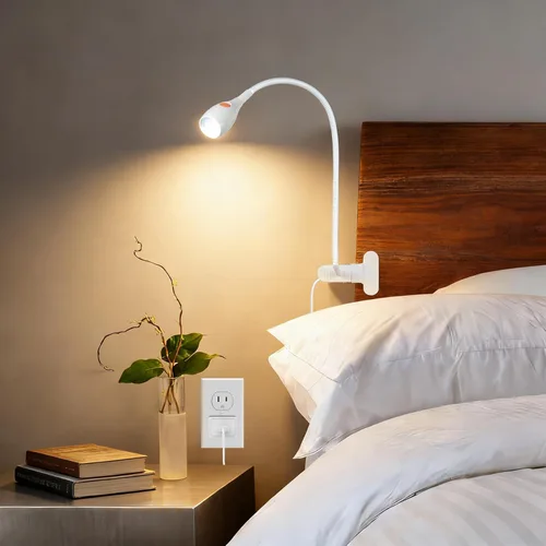 acegoo Luz de lectura minimalista para cabecero de cama, lámpara de clip blanca regulable con adaptador USB-C, cuello flexible y práctico
