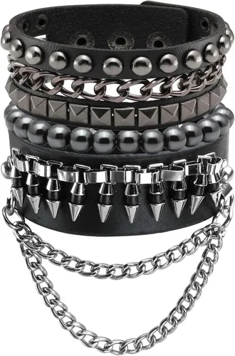 Miniatura 11 de Pulsera de cuero para hombre y mujer, pulsera punk, pulsera de rock, trenzada, con remaches, pulsera ajustable
