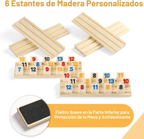Miniatura 6 de Rummy Cube - Edición para 6 jugadores con 6 bastidores y bandejas de madera, juego de 160 fichas de Rummy de números grandes con funda