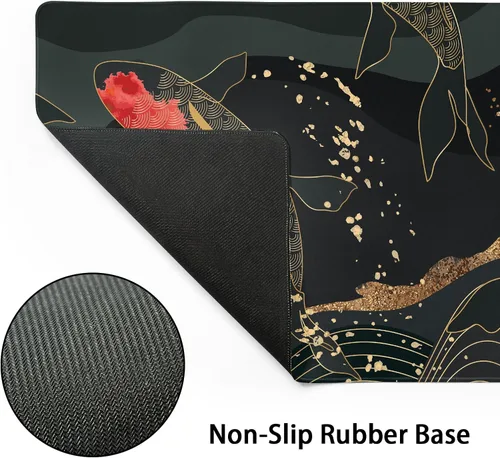 Miniatura 3 de Alfombrilla de mouse para juegos XL japonesa en negro y rojo con arte de peces koi, textura dorada, anime, borde cosido, base de goma antideslizante