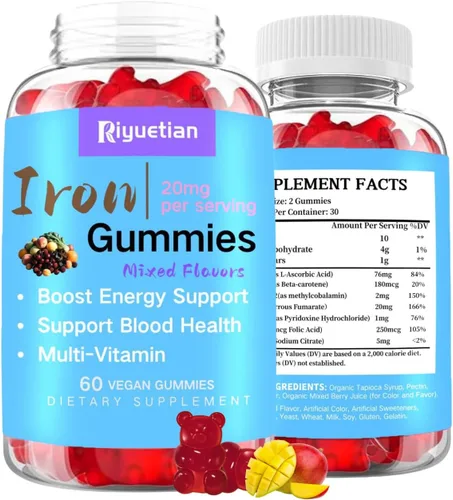 Gomitas de hierro para adultos, suplemento de hierro prémium con vitamina C, B12 y ácido fólico para aumentar la energía y la salud inmunológica,