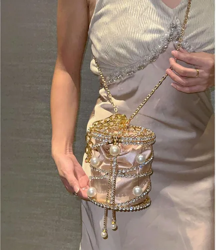 Miniatura 2 de Bolso bandolera metálico de lujo con diamantes de imitación para mujer, diseño de cadena de perlas 2025, ideal para vacaciones, fiestas, bodas