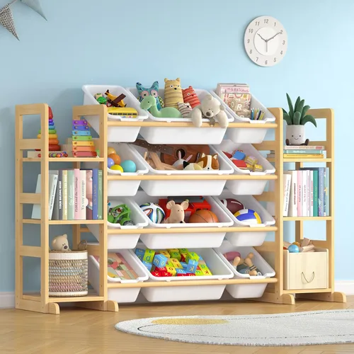 Miniatura 8 de Organizador grande de almacenamiento de juguetes para niños, organizador de juguetes y estantería combinada con 12 contenedores y 6 estantes, caja