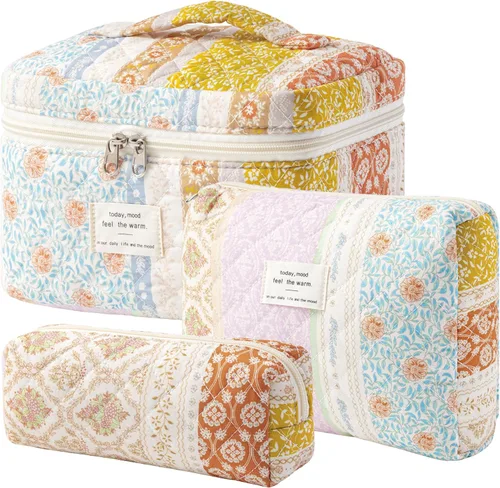 Miniatura 18 de HBselect Bolsa de maquillaje acolchada, 3 piezas de algodón grande, bolsa de maquillaje de viaje, bonita bolsa de maquillaje floral de coqueta