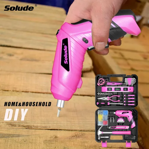 Miniatura 6 de Juego de herramientas rosa, juego de 130 piezas para el hogar para mujeres con destornillador recargable inalámbrico de 3.6V, juego básico