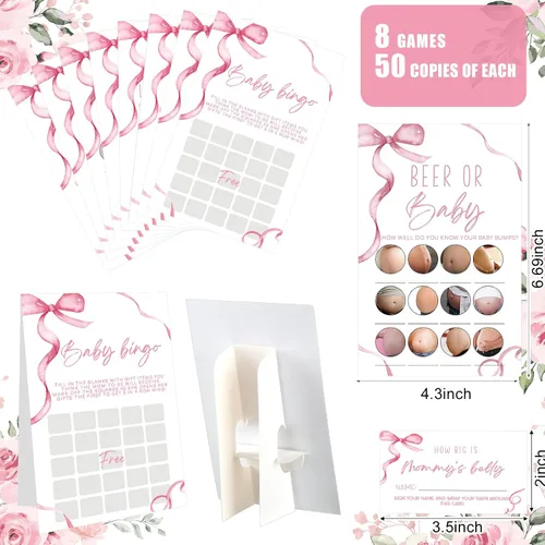 Miniatura 2 de Honoson 279 piezas de juegos de baby shower rosa con moño para 50 invitados, incluyen 8 juegos: Baby Shower Bingo, Price Is Right, Mommy or Daddy